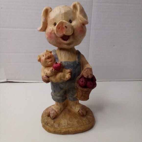 Pig In Overalls Farmer Bobblehead Piglet Baby Apples Resin Cottagecore Country - Picture 1 of 14